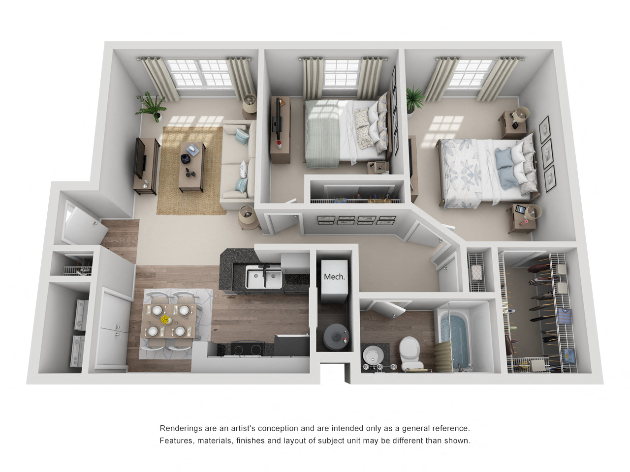 Floor plan for 2 beds, 1 bath, 844 sqft